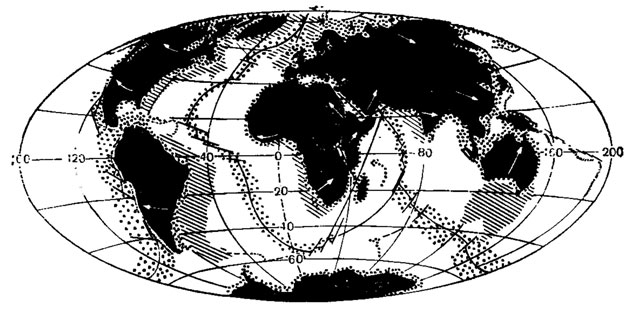 Рис. 53. Прогноз положения континентов на 50 млн. лет вперед (по Р. Дитцу и Дж. Холдену). Штриховкой показало современное положение континентов; редкими точками - новая океанская кора; частыми точками - шельфовые области