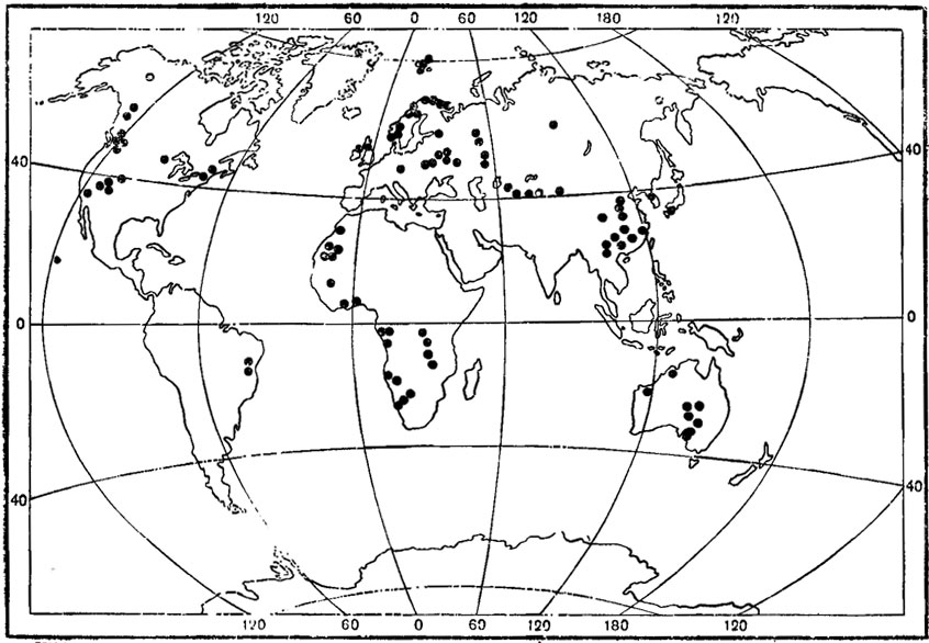 Рис. 59. Карта распространения верхнерифейских и вендских тиллитов (по Л. И. Сапопу (1973))