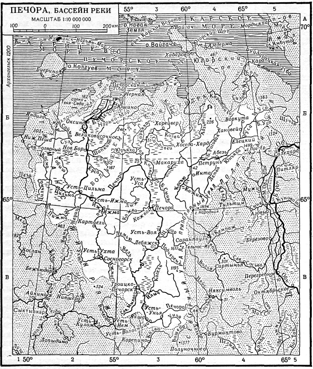 Бассейн реки Печора на карте