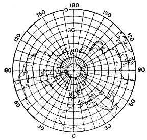 1. Полярная равнопромежуточная. Длины сохраняются вдоль меридианов, а также в точке касания плоскости (в полюсе) или вдоль западной параллели