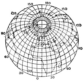 3. Косая равнопромежуточная. Длины сохраняются вдоль больших  кругов - вертикалов, а также в точке касания плоскости или вдоль заданного малого круга - альмукантарата