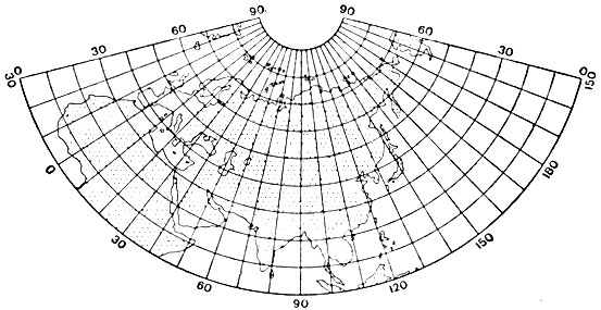2. Равнопромежуточная В. В. Каврайского. Длины сохраняются вдоль меридианов и параллелей с широтами  φ><sub>1</sub> = 47° и  φ<sub>2</sub> = 62°