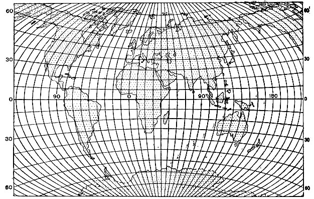 2. Произвольная Г. А. Гинзбурга. Длины сохраняются вдоль двух параллелей с широтами  φ><sub>0</sub> =  ±45° Проекция применима для карт мира БСЭ и МСЭ