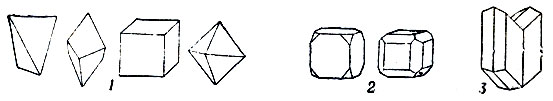 Кристаллы: 1- примеры простых форм; 2 - примеры комбинаций; 3 - двойник гипса