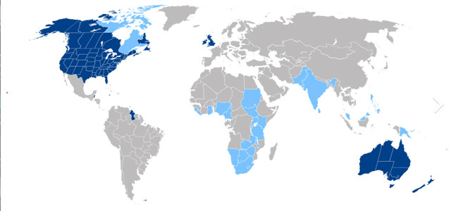 Карта распространения английского языка: https://ru.wikipedia.org/wiki/Список_стран,_где_английский_является_официальным_языком#/media/Файл:Anglospeak_(subnational_version).svg